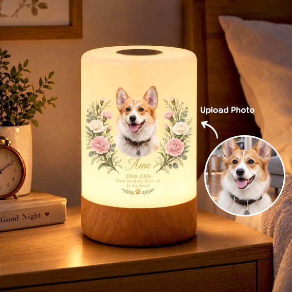 Personalized Oil Painting Pet Photo Birth Flower Touch Control Night Light with Name Year and Text Memorial Sympathy Gift for Loss of Pet