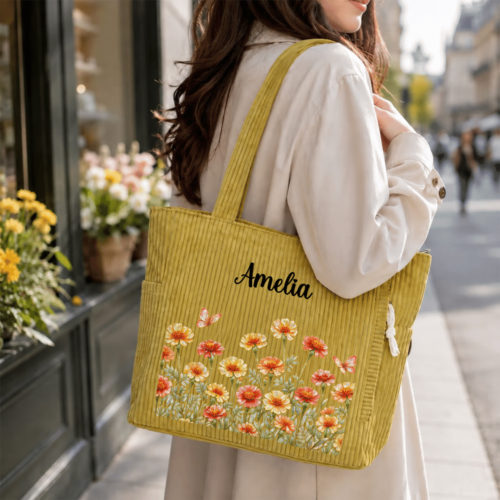 Personalised Pearl Style Birth Flower Large Capacity Corduroy Tote Bag with Name Daily Use Travel Birthday Christmas Gift for Women 3