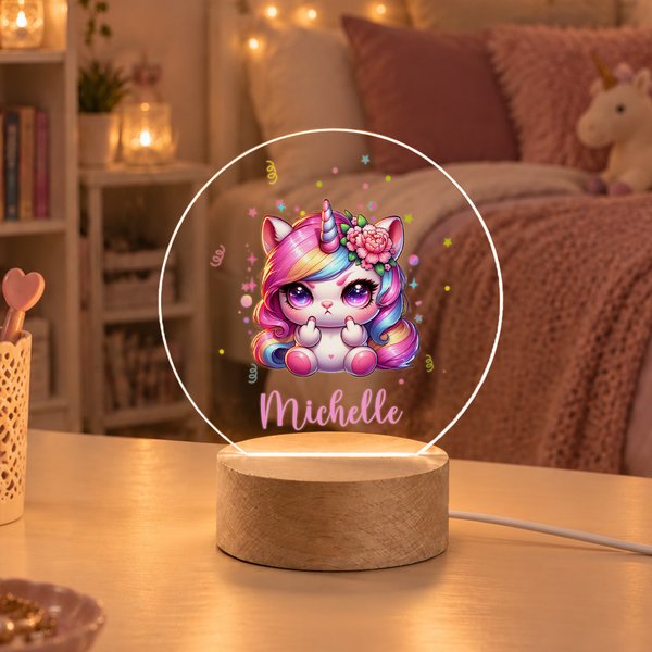 Placas acrílicas personalizadas con forma de círculo, con motivos de unicornio y flores de nacimiento, con luz nocturna, con nombre, para dormitorio infantil, regalo de cumpleaños para niñas