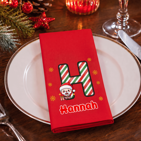 Personalized Santa Claus Christmas Theme Initial 100% Cotton Reusable Red Napkin with Name Table Decor Christmas Gift for Family Friend