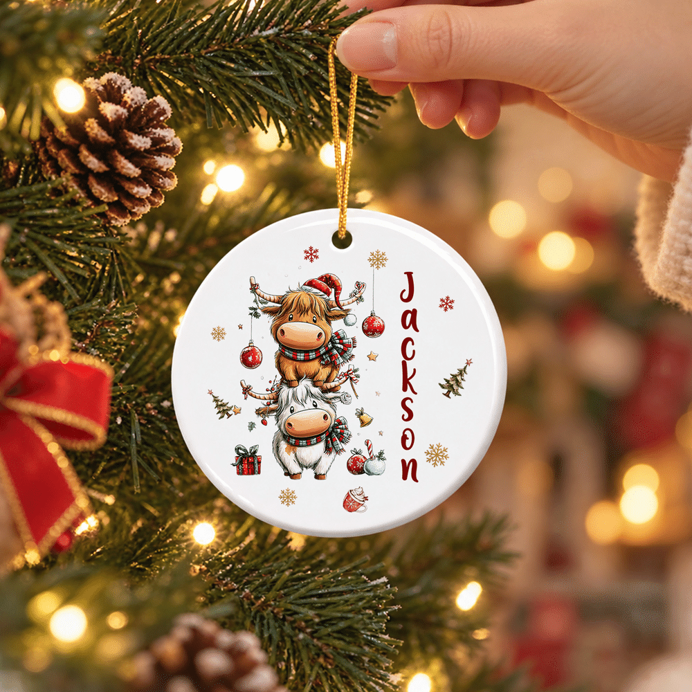 Personalised Christmas Highland Cow Snowflake Ceramic Ornament with Name Christmas Tree Decor Holiday Gift for Family Kids 4