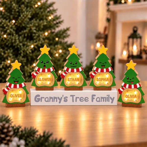Personalized Cute Christmas Tree LED Light Wooden Christmas Ornament with Name and Text Christmas Gift for Family Kids