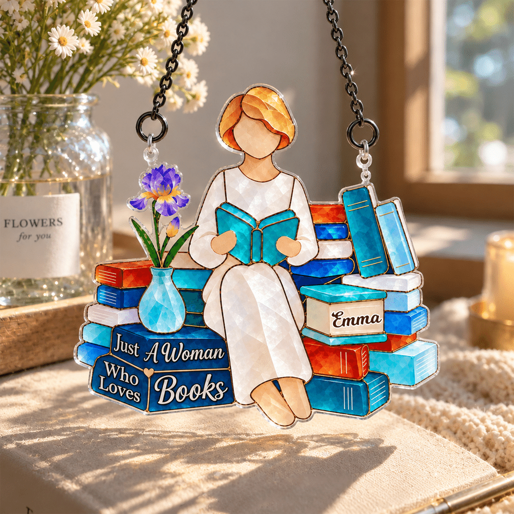 Personalised Birth Flower & Cartoon Reading Woman Sun Catcher with Name and Text Reading Corner Decor Birthday Gift for Women Book Lovers 1