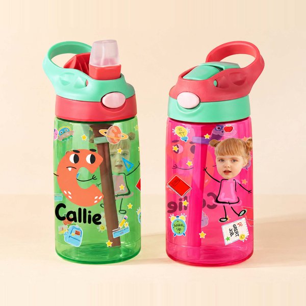 Personalized Colourful Cartoon Photo Name 16oz Kid's Water Bottle with Silicone Straw and Handle Birthday Back to School Gift for Boys Girls