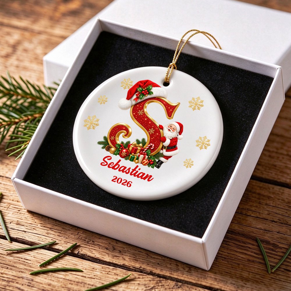 Personalised Santa Claus Christmas Hat Initial Circle Heart Shape Ornament with Name and Year Home Decor Christmas Gift for Family 8
