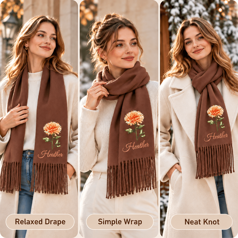 Personalised Multicolour Birth Flower Soft Warm Tassel Scarf Shawl with Name Daily Wear Winter Accessory Christmas Birthday Gift for Women 10