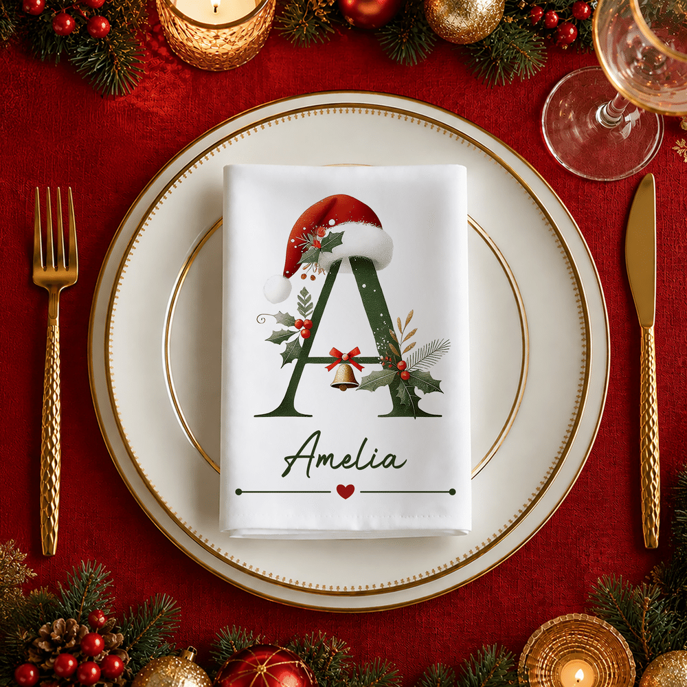 Personalised Santa Hat Initial 100% Cotton Christmas Napkin with Name Table Decoration Christmas Gift for Kids Family Friends 1
