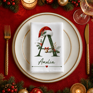 Personalised Santa Hat Initial 100% Cotton Christmas Napkin with Name Table Decoration Christmas Gift for Kids Family Friends