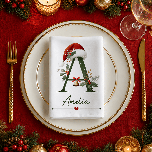Personalised Santa Hat Initial 100% Cotton Christmas Napkin with Name Table Decoration Christmas Gift for Kids Family Friends