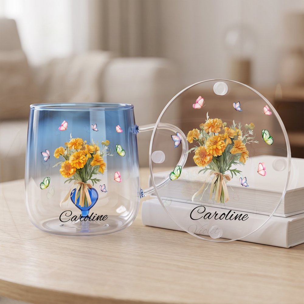 Personalised Butterfly Birth Flower 3D Heart Ornament 15 oz Glass Mug with Name Mother's Day Birthday Gift for Mum Woman 5