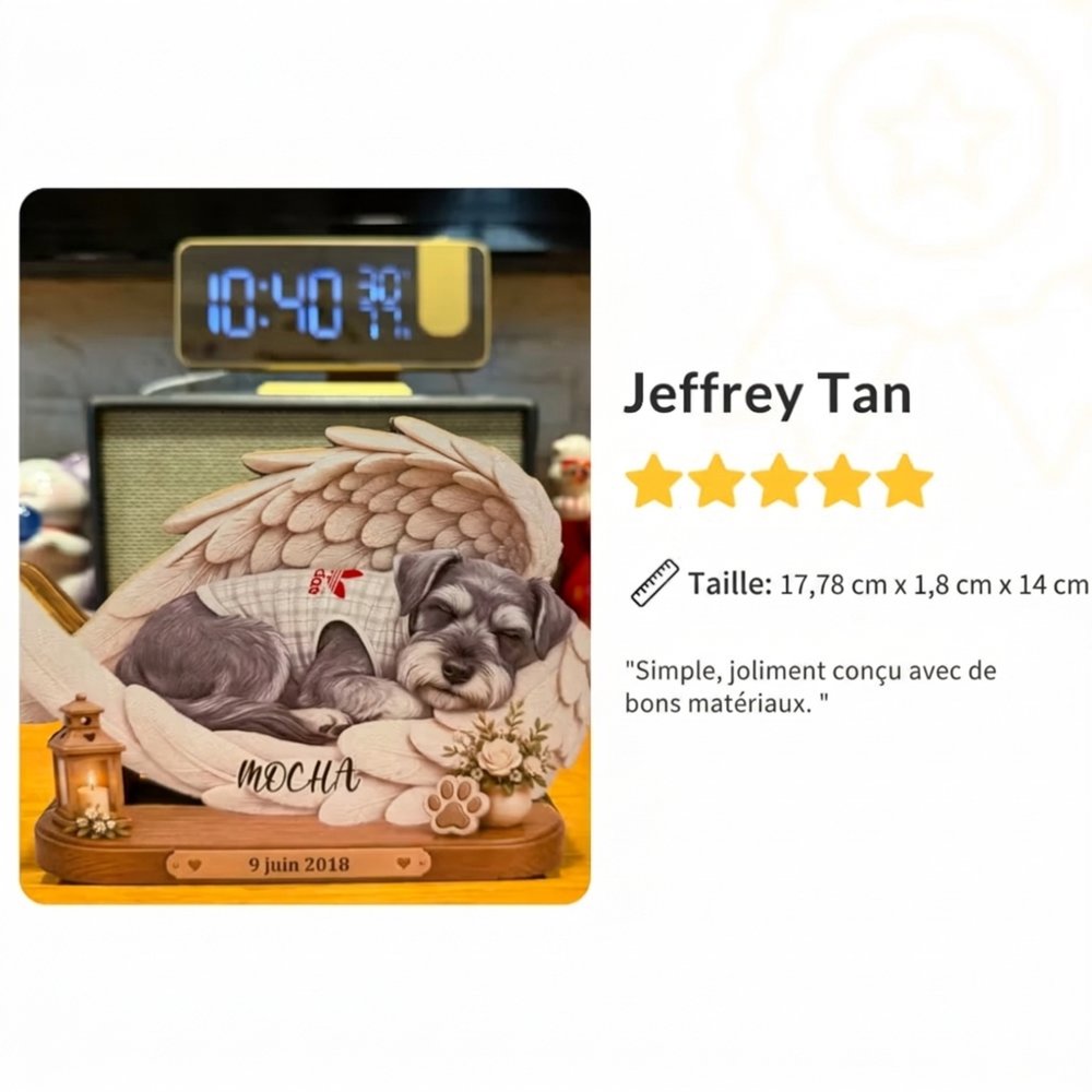 Plaque en bois personnalisée avec photo et texte - Ailes d'ange empreintes et fleurs - Cadeau d'hommage pour amoureux des animaux 13