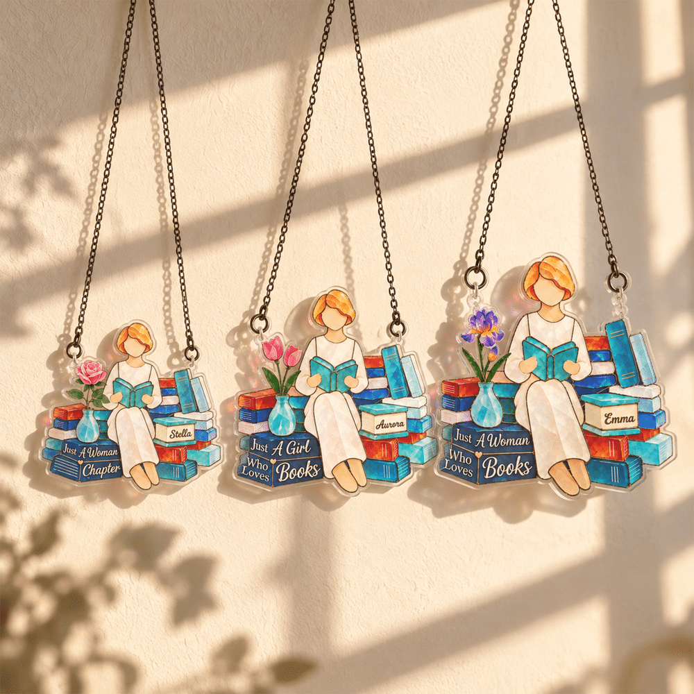 Personalised Birth Flower & Cartoon Reading Woman Sun Catcher with Name and Text Reading Corner Decor Birthday Gift for Women Book Lovers 2