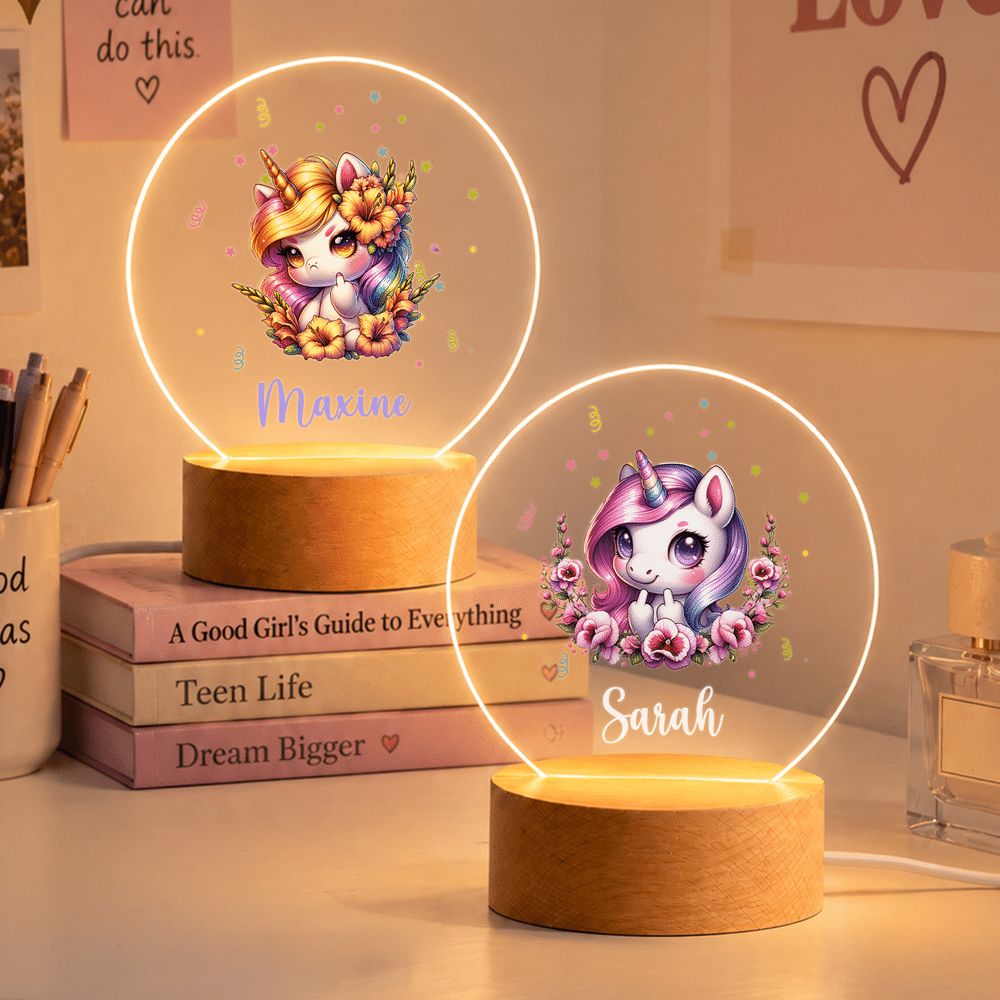 Placas acrílicas personalizadas con forma de círculo, con motivos de unicornio y flores de nacimiento, con luz nocturna, con nombre, para dormitorio infantil, regalo de cumpleaños para niñas 6