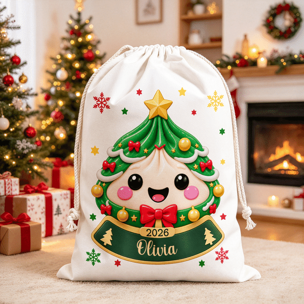 Sacchetto regalo personalizzato con effetto 3D, decorato con un disegno natalizio in stile cartone animato raffigurante un raviolo, con nome e anno: regalo perfetto per la festa di Natale per bambini, familiari e amici