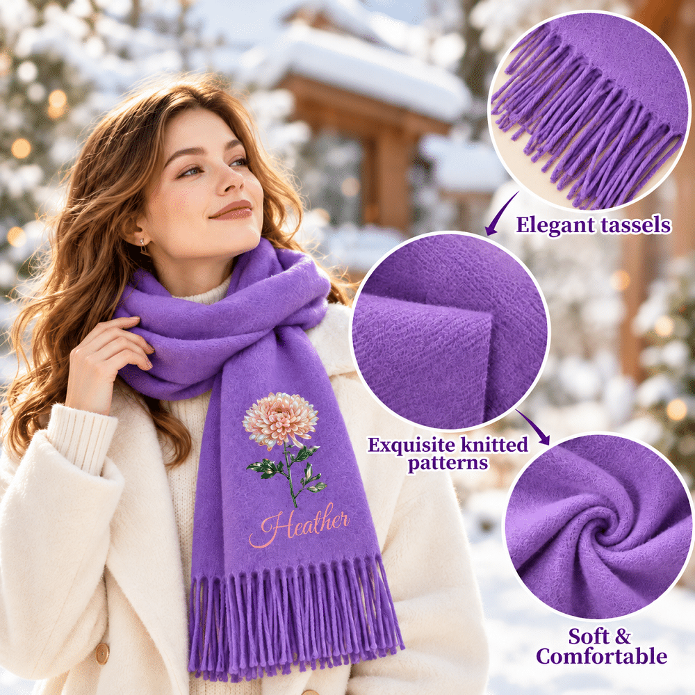 Personalised Multicolour Birth Flower Soft Warm Tassel Scarf Shawl with Name Daily Wear Winter Accessory Christmas Birthday Gift for Women 9