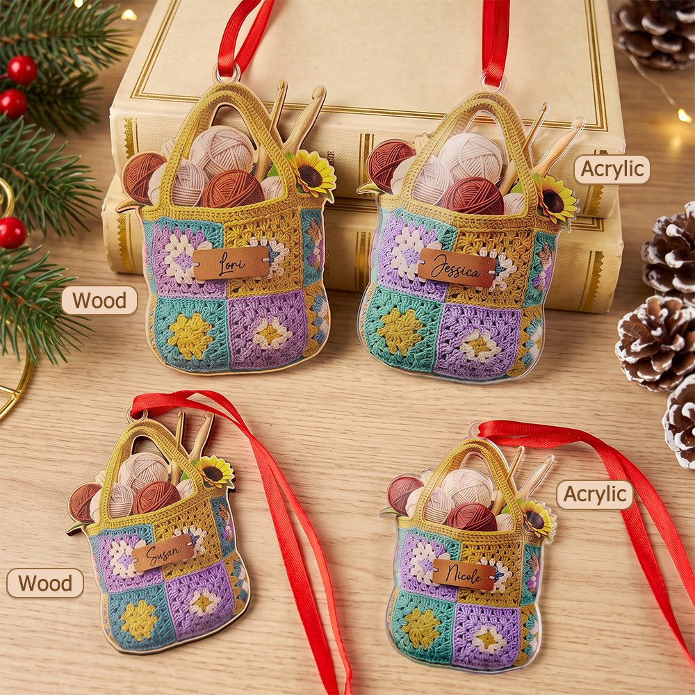 Personalised 3D-Effect Artwork Crochet Bag Wooden Acrylic Ornament with Name Home Decor Christmas Birthday Gift for Knitters Crochet Lovers 2