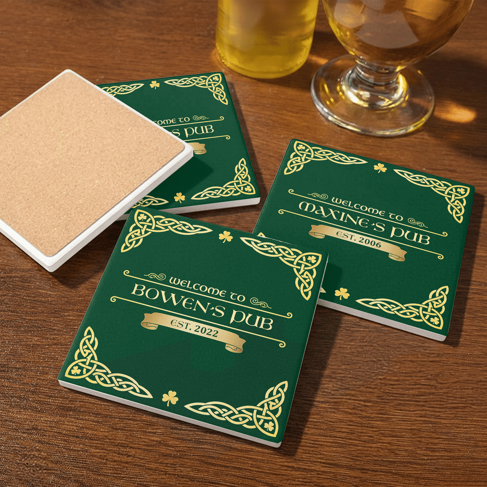 Personalized Vintage Irish Pub Bar Mat Coaster Bottle Opener Set with Pub Name and Year Bar Accessories Birthday Christmas Gift for Men Beer Lovers 4