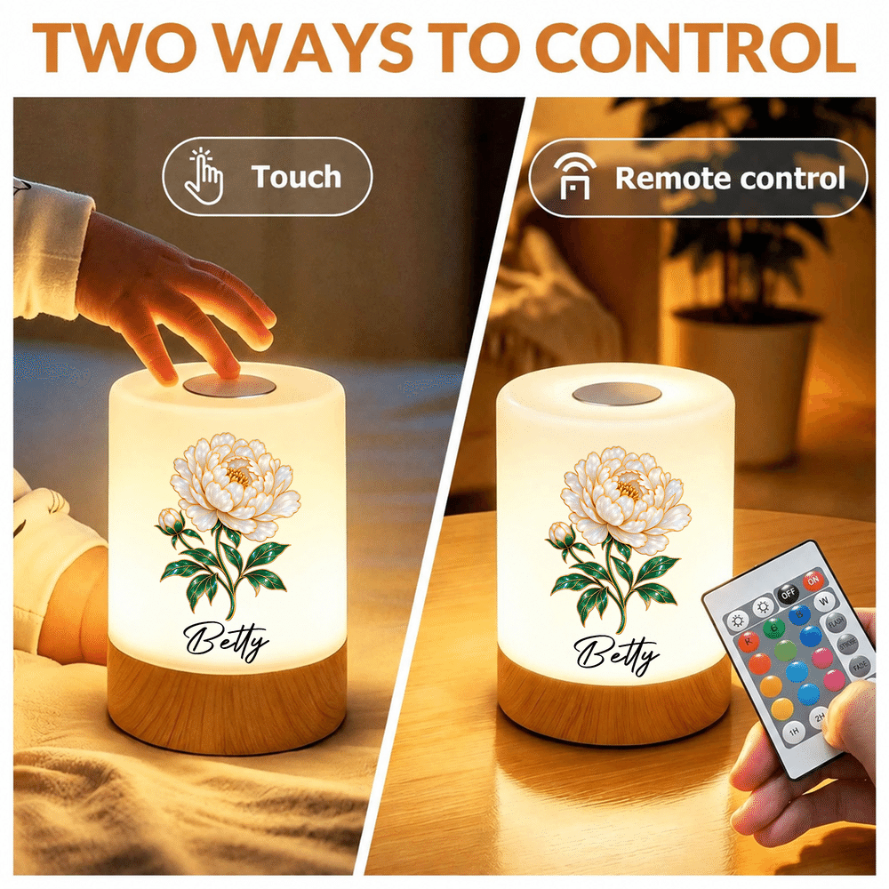 Personalised Pearlescent Gold-Trim Birth Flower Rechargeable Touch Control Night Light with Name Bedroom Decor Birthday Gift for Kids Women 7