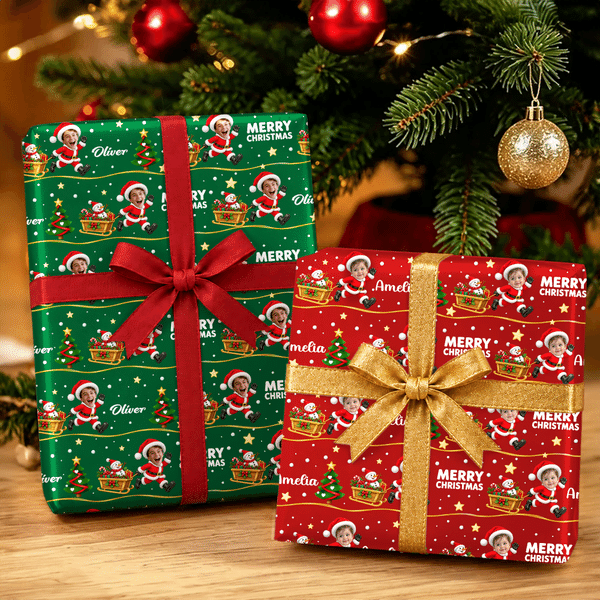 Personalised Merry Christmas Santa Claus Face Photo Wrapping Paper with Name Christmas Party Gift for Kids Family Friends