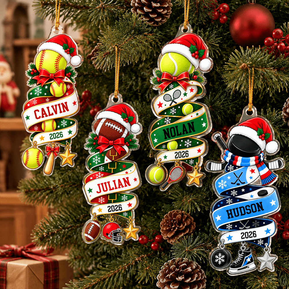 Décoration de Noël personnalisée en acrylique en forme de ballon de sport, avec prénom et année – Cadeau de Noël pour les sportifs, les fans de sport et les passionnés 2