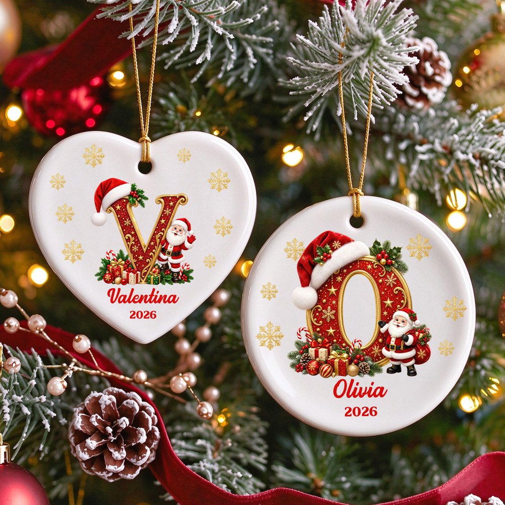 Personalised Santa Claus Christmas Hat Initial Circle Heart Shape Ornament with Name and Year Home Decor Christmas Gift for Family 3