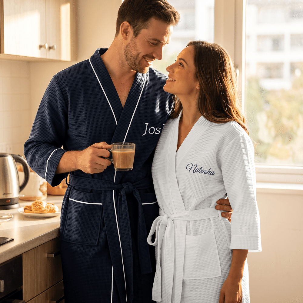 Personalized Embroidered Name Design Waffle Weave Bathrobe Honeymoon Anniversary Birthday Gift for Couple Bride Bridegroom 6