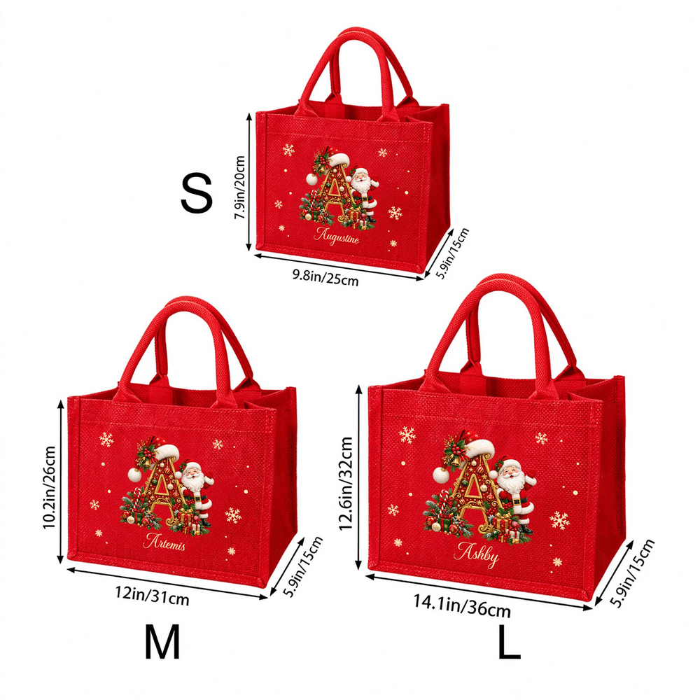 Personalised Snowflake Santa Claus Initial Large Capacity Linen Tote Bag with Name Christmas Party Holiday Gift for Family Friends Kids 9