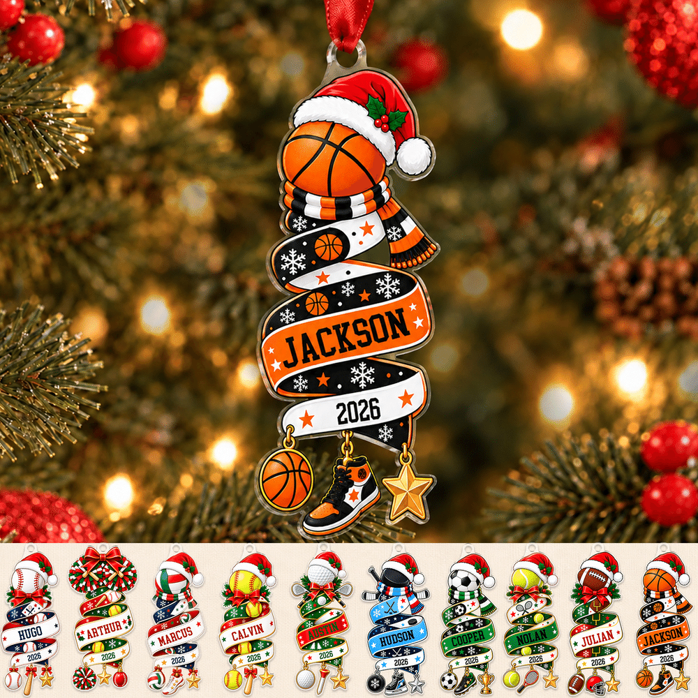 Décoration de Noël personnalisée en acrylique en forme de ballon de sport, avec prénom et année – Cadeau de Noël pour les sportifs, les fans de sport et les passionnés 7