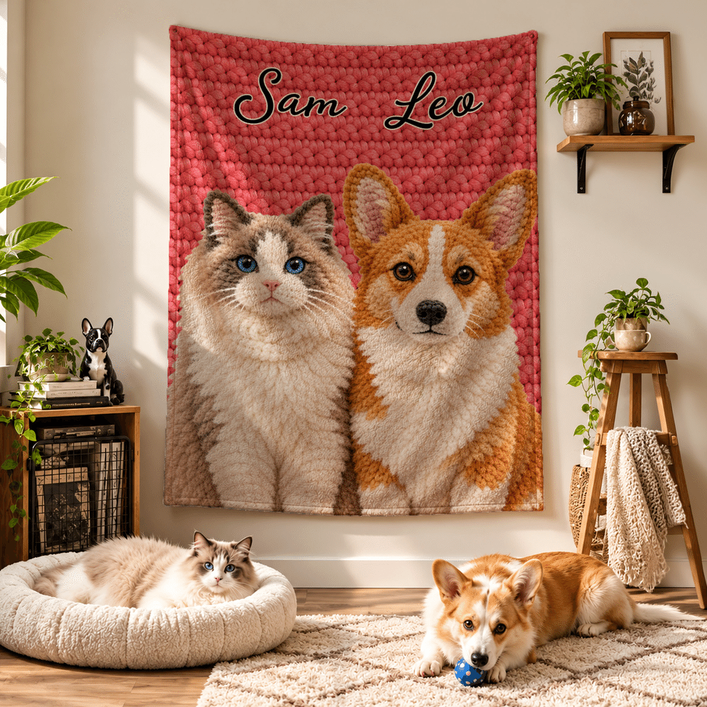 Personalized 3D-Effect Artwork Crochet Effect Pet Photo Soft Throw Blanket with Name Home Decor Birthday Housewarming Gift for Pet Lovers 6