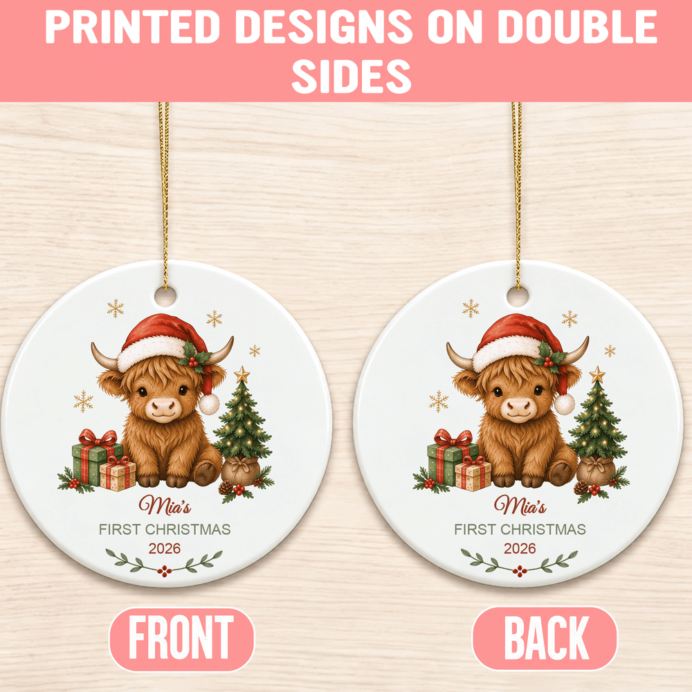 Coffret cadeau personnalisé « Highland Cow » : décoration en céramique avec prénom, décoration d'arbre, cadeau de premier Noël pour un nouveau-né 8