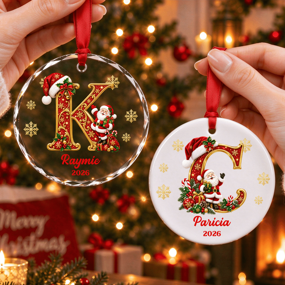 Personalised Santa Claus Christmas Hat Initial Circle Heart Shape Ornament with Name and Year Home Decor Christmas Gift for Family 1