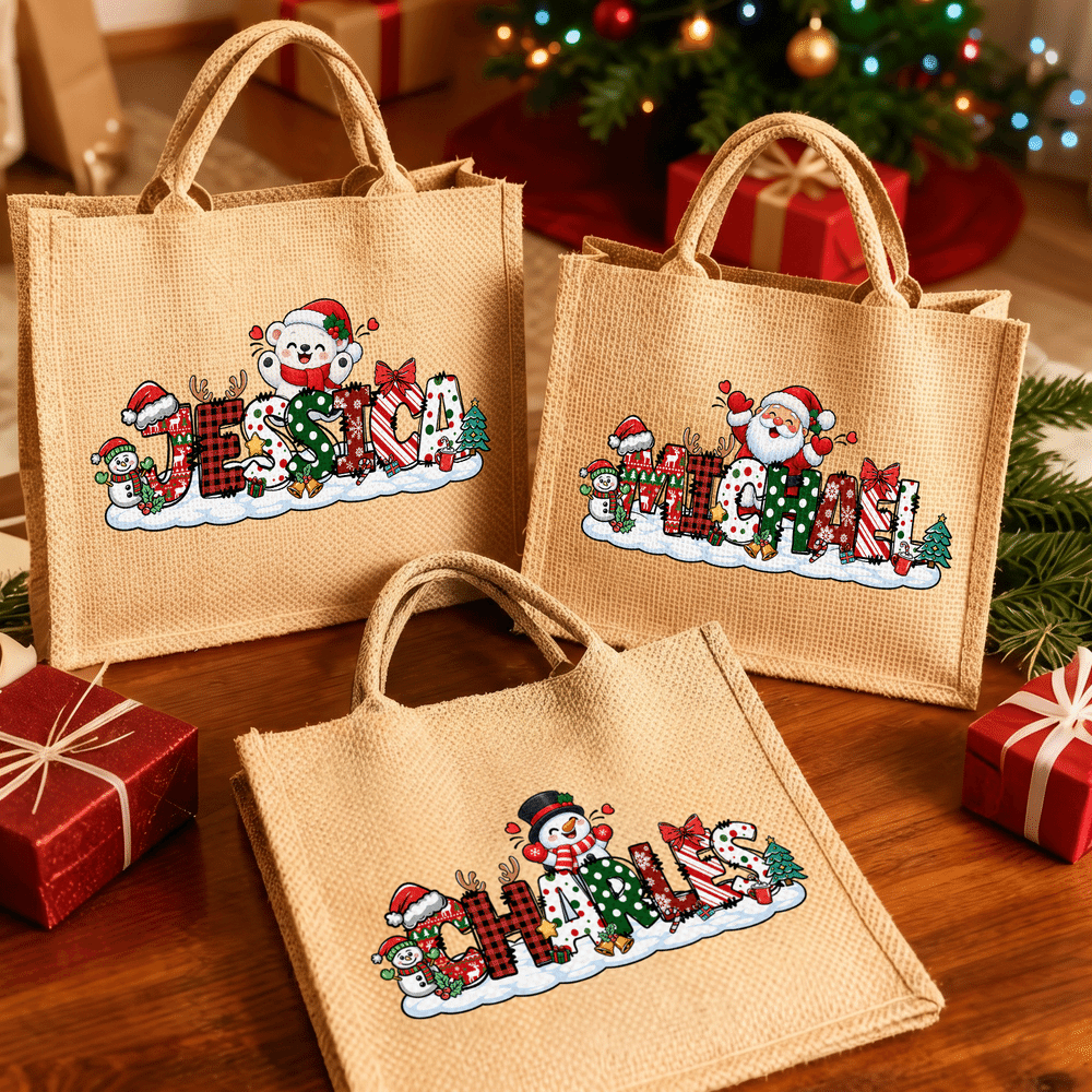 Personalized Santa Gingerbread Man Snowman Jute Tote Bag with Name Christmas Gift for Kids Family Friends 3