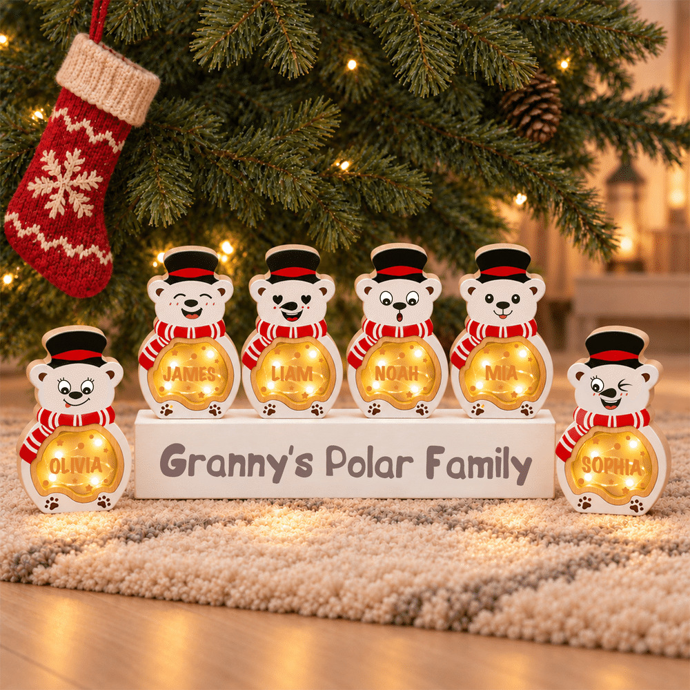 Personalized Cute Polar Bear LED Light Wooden Christmas Ornament with Name and Text Christmas Gift for Family Kids 5