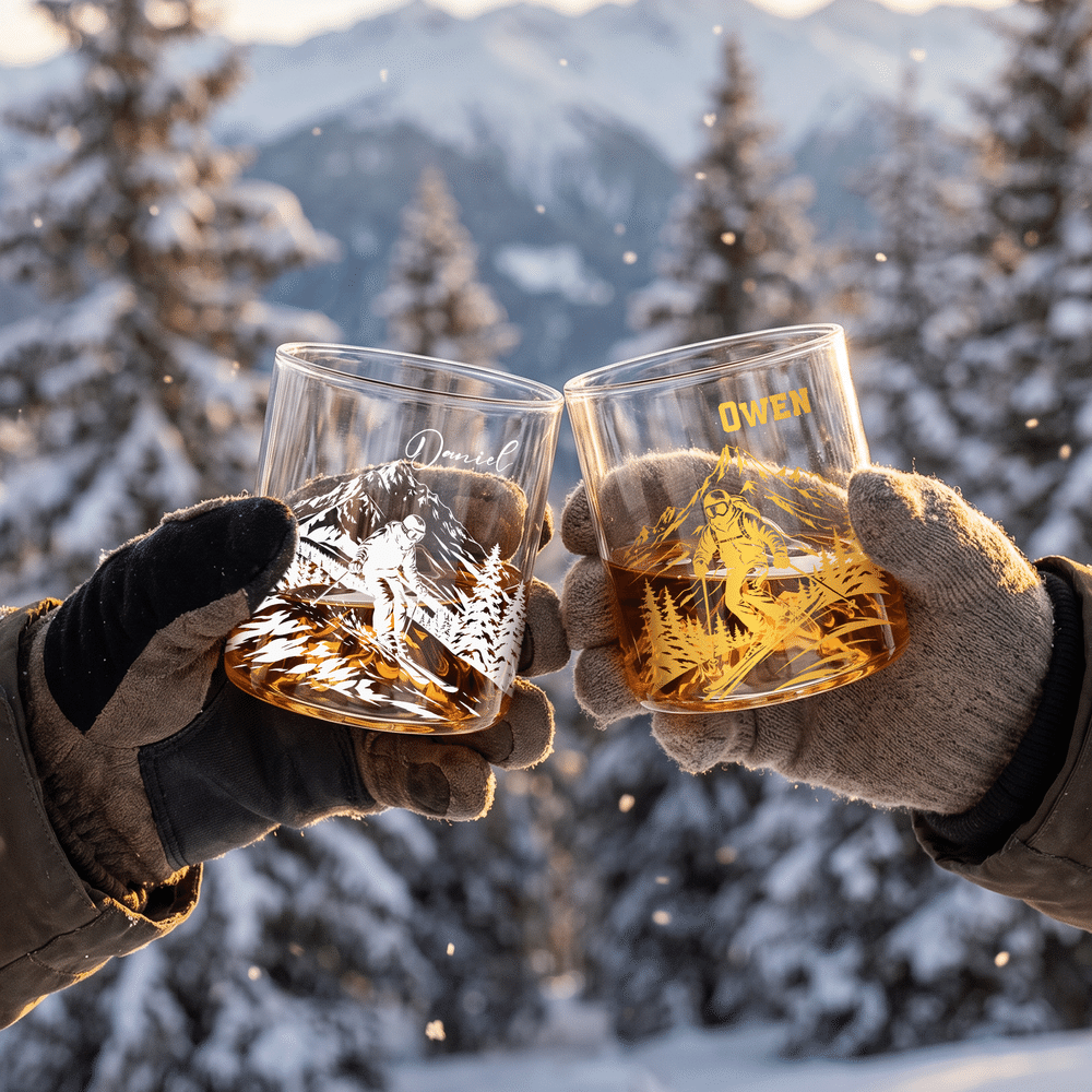 Personalized Skiing Silhouette Cut-Out Mountain Whisky Glass Box Set with Name Bar Party Accessory Birthday Christmas Gift for Man Whiskey Lover 3