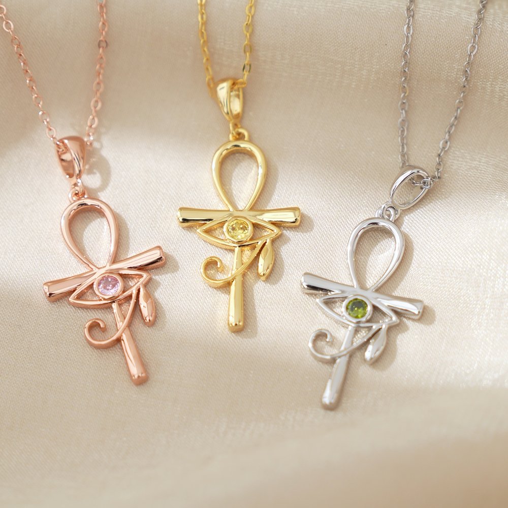 Personalised Eye of Ra Ankh Cross Sterling Silver Necklace with Birthstone Dainty Family Jewellery Birthday Anniversary Gift for Women 3