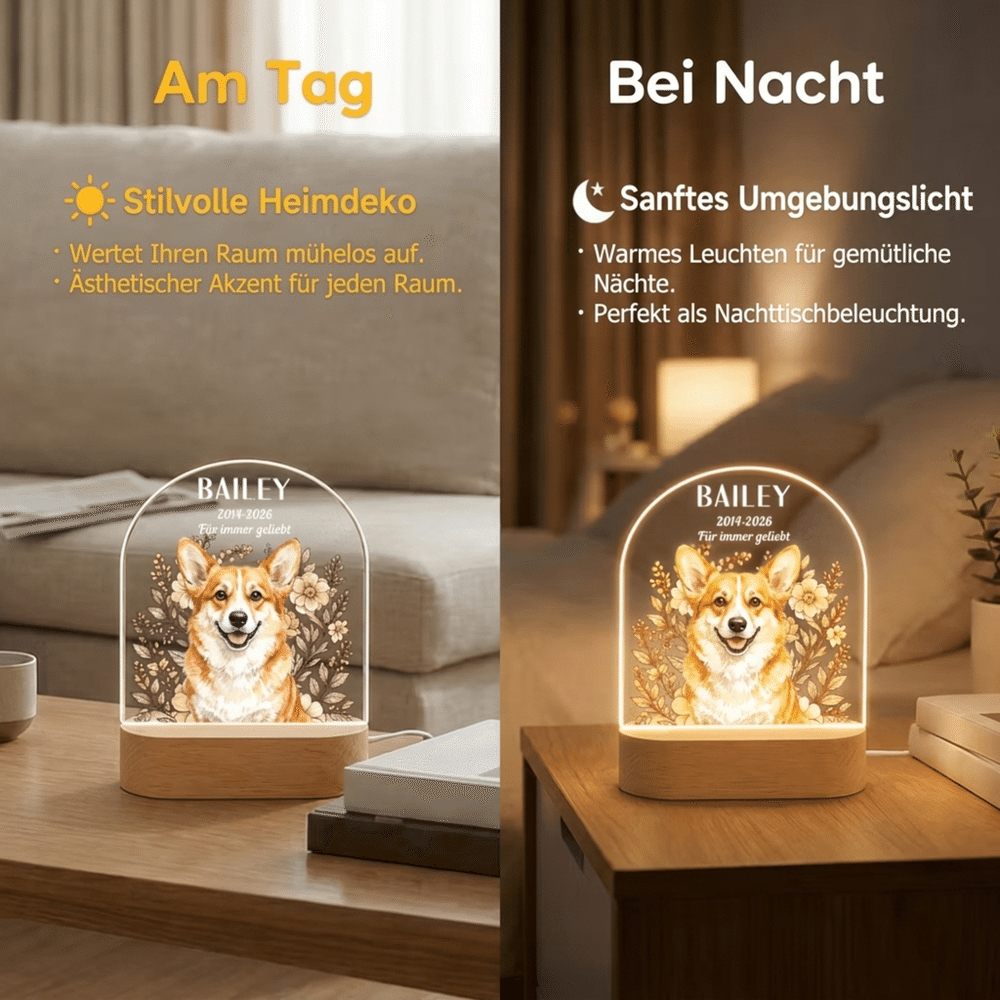 Personalisiertes Haustierfoto Nachtlicht mit Aquarell-Blumen | mit Namen & Text | LED-Acryllampe mit Holzsockel | Erinnerungsgeschenk für Tierbesitzer 8