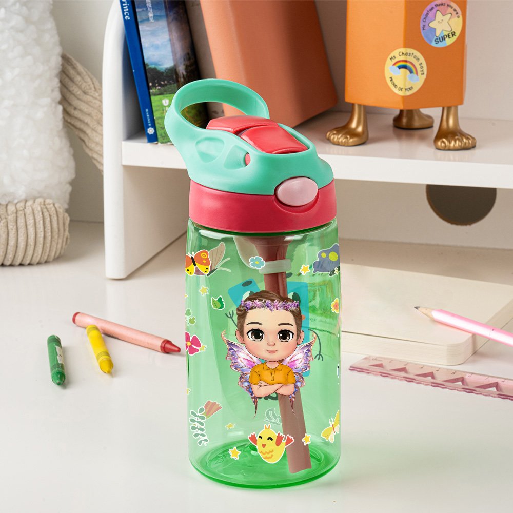 Personalized Cartoon Character Birth Flower Name Kid Water Bottle with Silicone Straw and Handle Birthday Gift for Boys Girls 4