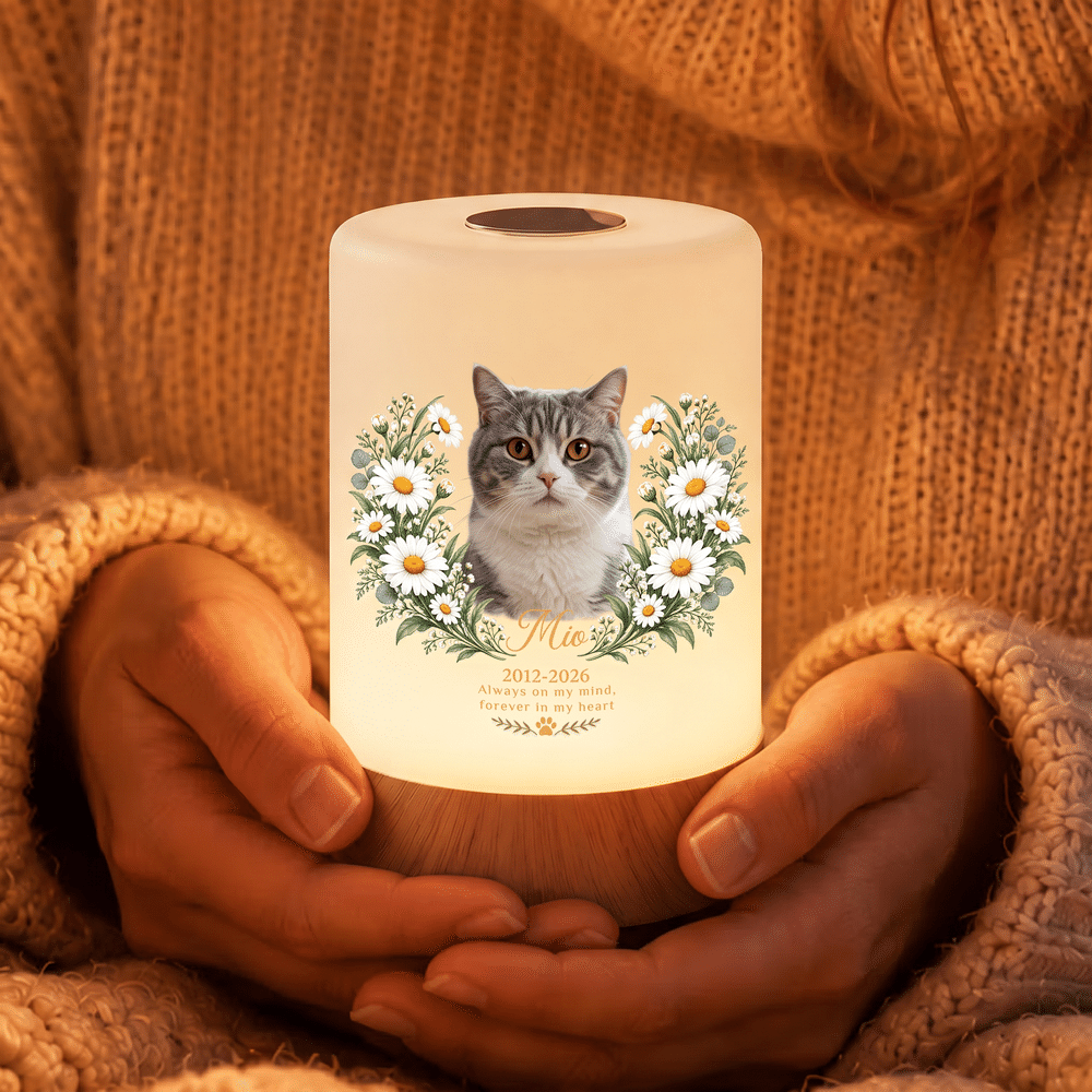 Personalized Oil Painting Pet Photo Birth Flower Touch Control Night Light with Name Year and Text Memorial Sympathy Gift for Loss of Pet 4