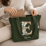 Personalized Floral Butterfly Initial Corduroy Tote Bag with Name Daily Use Birthday Gift for Women Friends 5