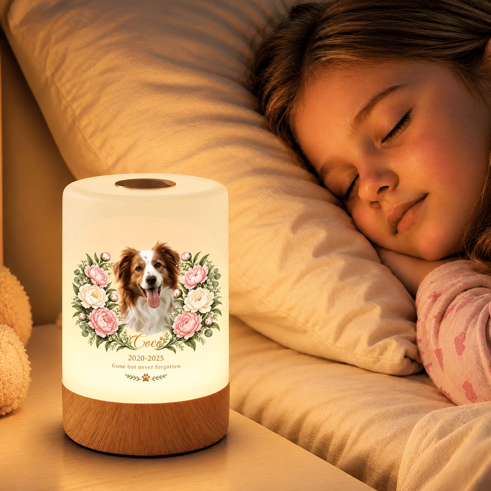 Personalized Oil Painting Pet Photo Birth Flower Touch Control Night Light with Name Year and Text Memorial Sympathy Gift for Loss of Pet 5