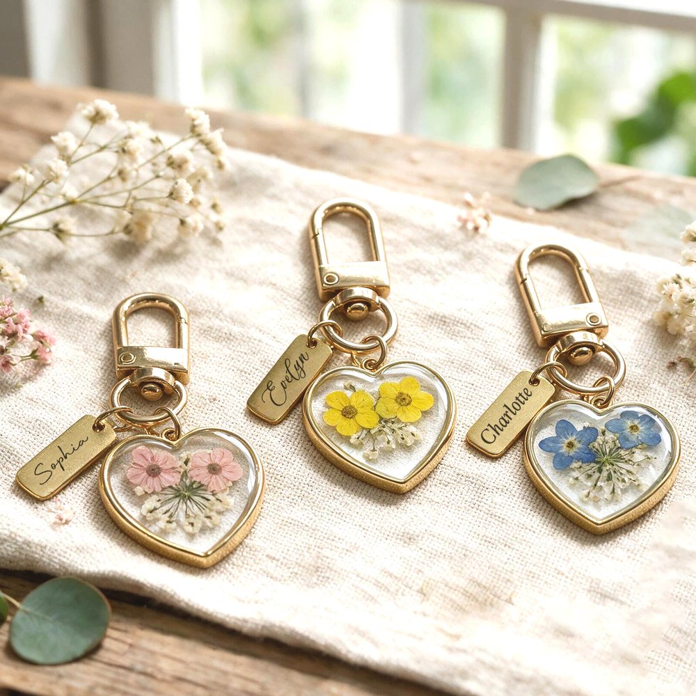 Personalized Elegant Dried Flower Heart Pendant Keychain Card Box Set with Name and Text Christmas Gift for Woman Bestie 5