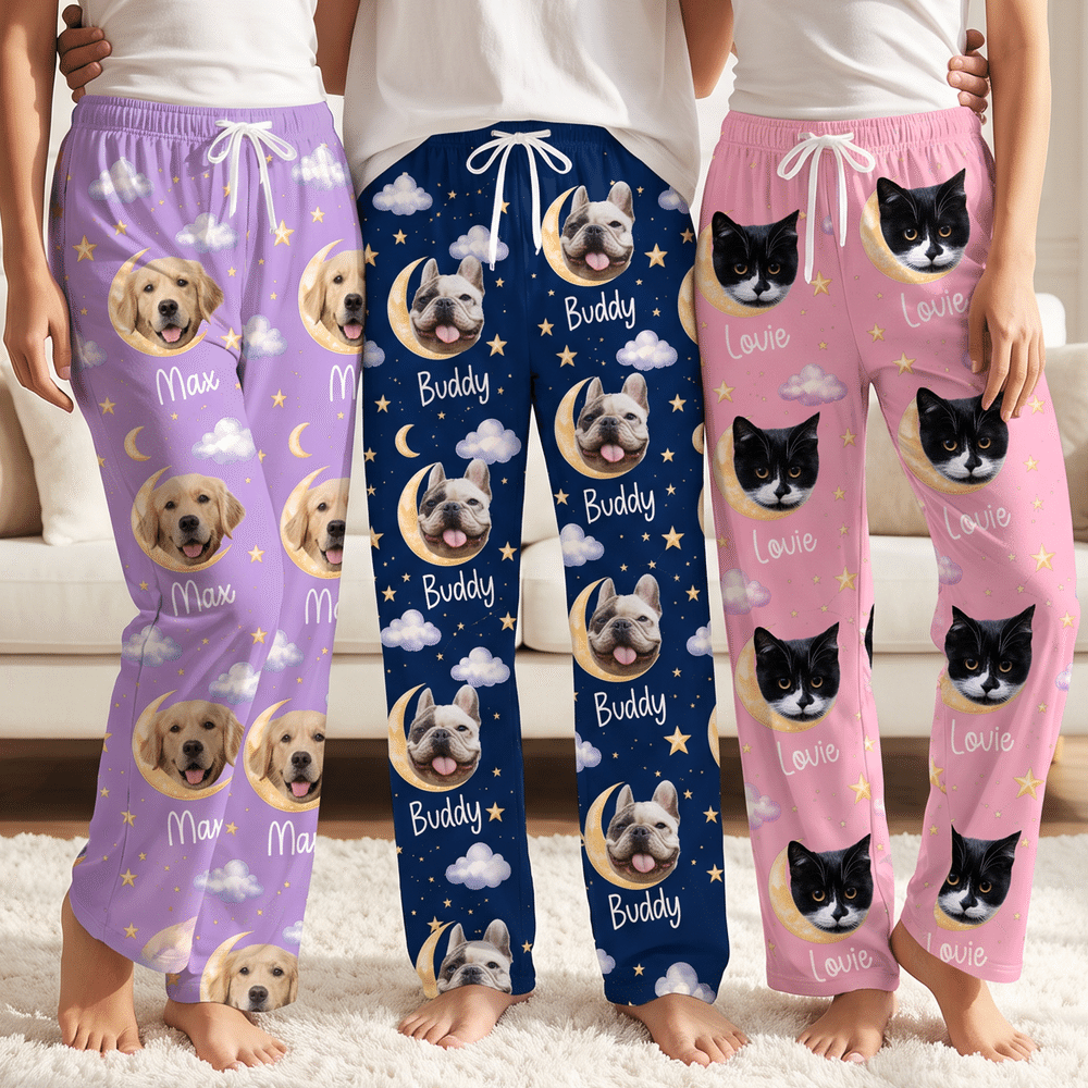 Personalized Multicolor Cloud Star Pet Photo Soft Pajama Pants with Name Daily Wear Birthday Christmas Gift for Family Pet Lovers Owners 1