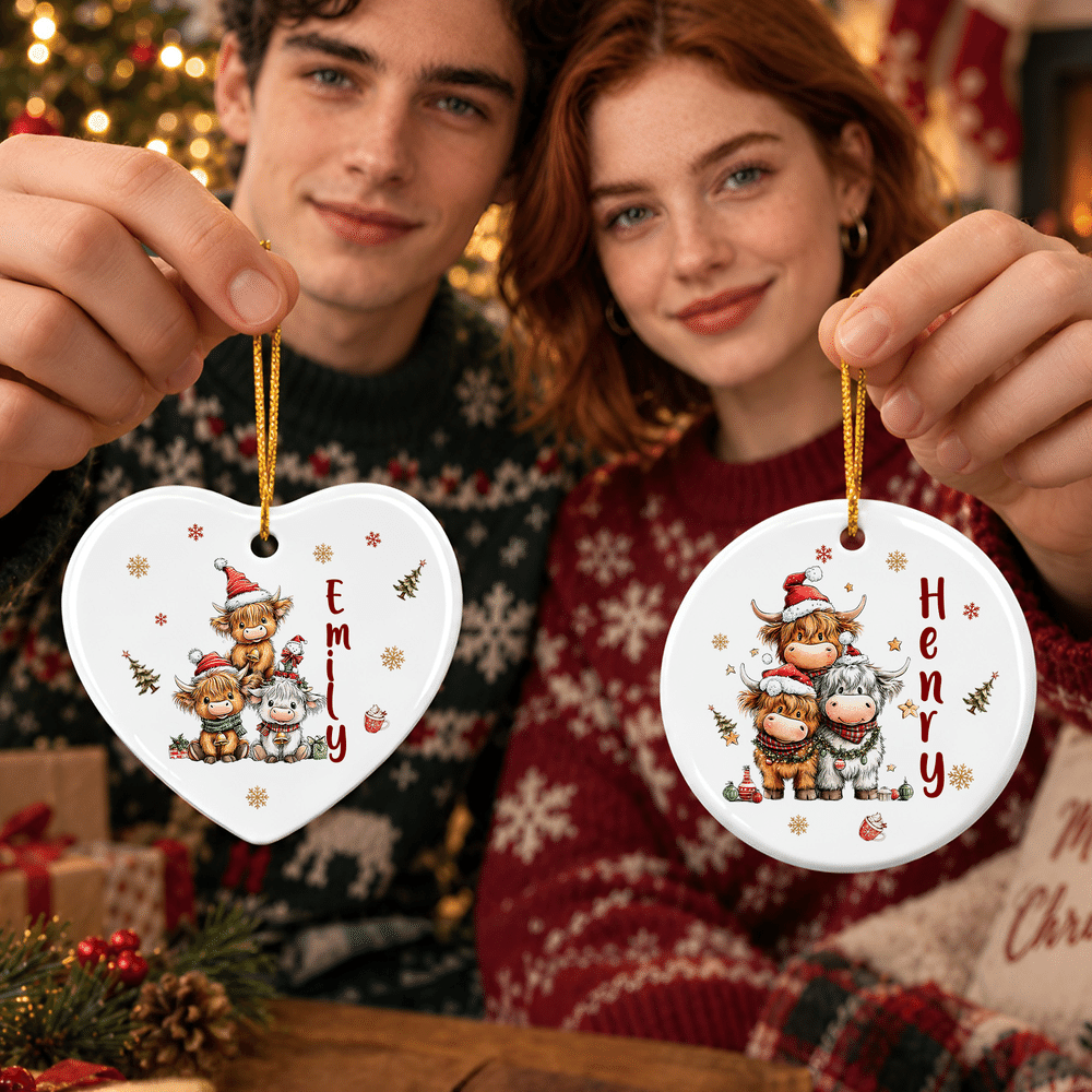 Personalised Christmas Highland Cow Snowflake Ceramic Ornament with Name Christmas Tree Decor Holiday Gift for Family Kids 5