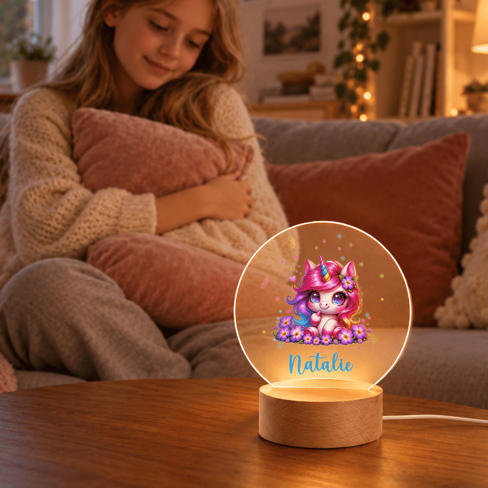 Placas acrílicas personalizadas con forma de círculo, con motivos de unicornio y flores de nacimiento, con luz nocturna, con nombre, para dormitorio infantil, regalo de cumpleaños para niñas 4