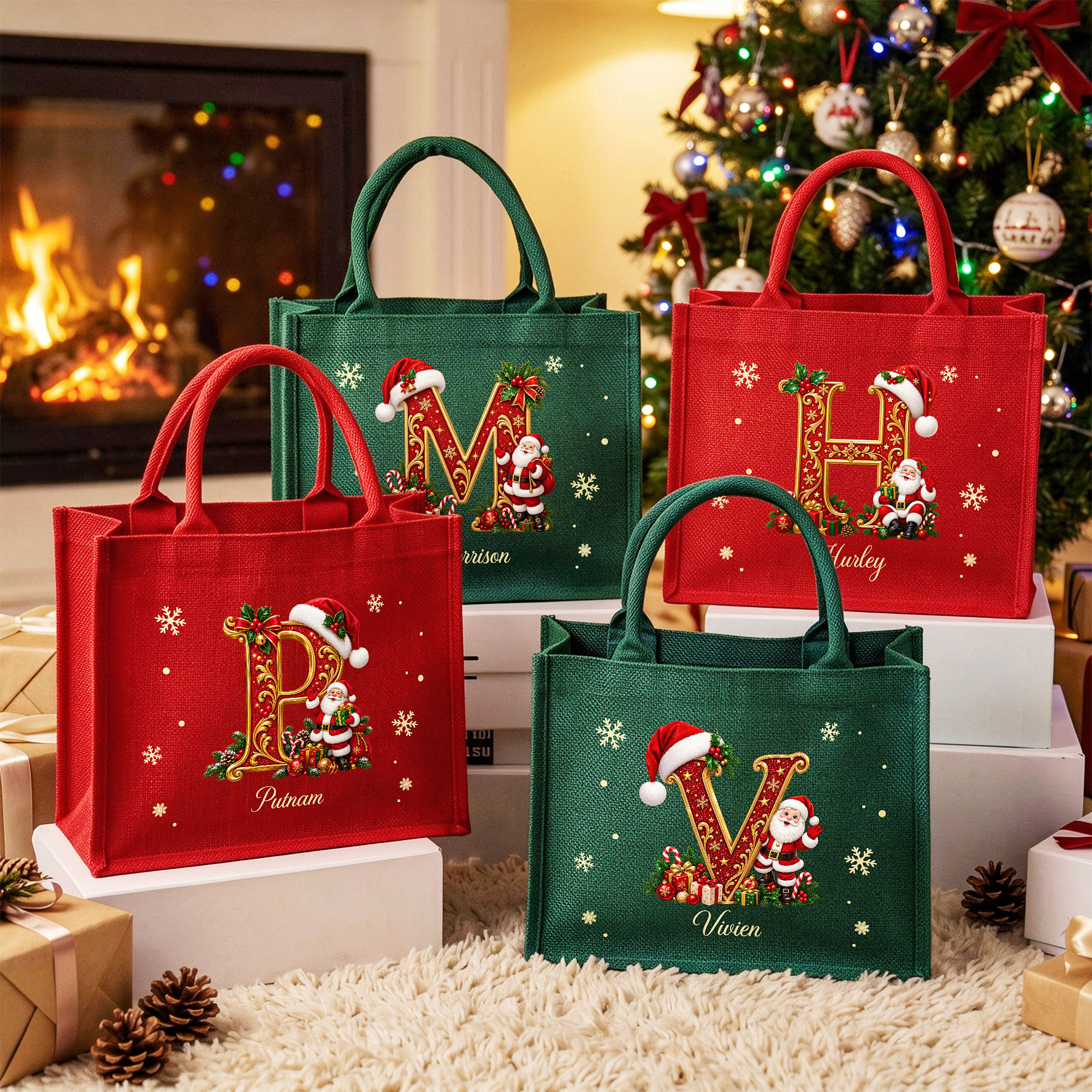 Personalised Snowflake Santa Claus Initial Large Capacity Linen Tote Bag with Name Christmas Party Holiday Gift for Family Friends Kids