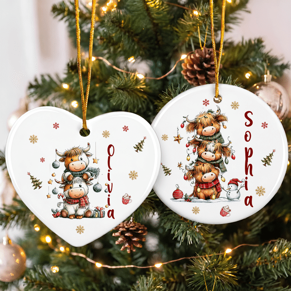Personalised Christmas Highland Cow Snowflake Ceramic Ornament with Name Christmas Tree Decor Holiday Gift for Family Kids