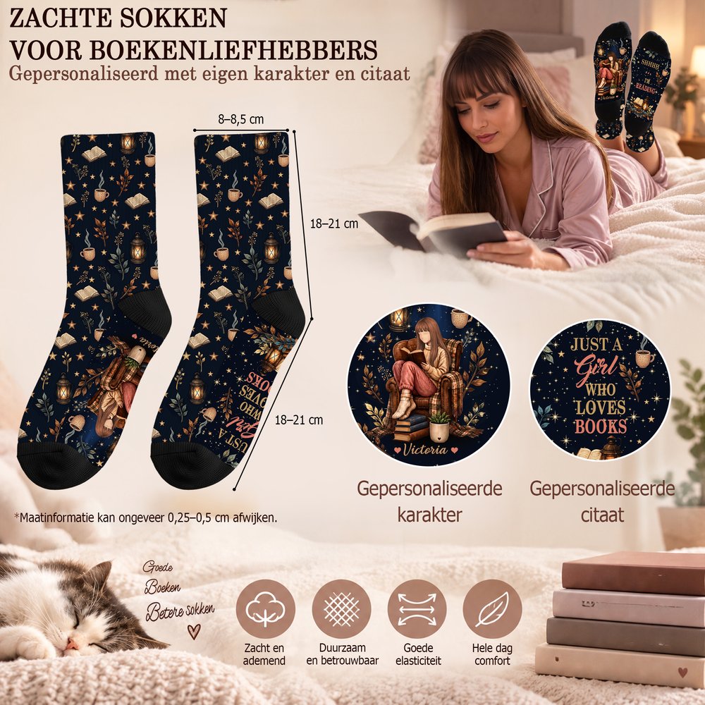 Gepersonaliseerde sokken met naam tekst en leesfiguurtje | zacht en halfhoog | verjaardagscadeau en kerstcadeau voor vrouwen en boekenliefhebbers 10