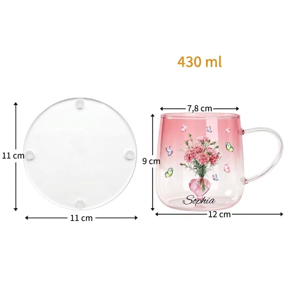 Personalisierter Trinkglasbecher mit 3D-Glasherz | mit Geburtsblume & Namen | mit Schmetterling | Muttertags- & Geburtstagsgeschenk für Mama & Frauen 11