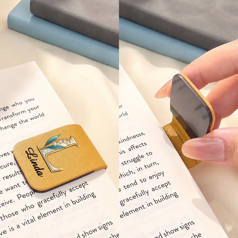 Personalized Pearl Effect Birth Flower Initial Magnetic PU Leather Bookmark Clip with Name Daily Use Birthday Gift for Bookworms Book Lovers 5