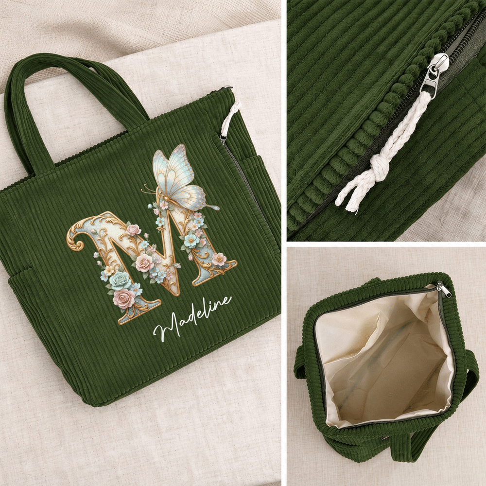 Personalized Floral Butterfly Initial Corduroy Tote Bag with Name Daily Use Birthday Gift for Women Friends 6